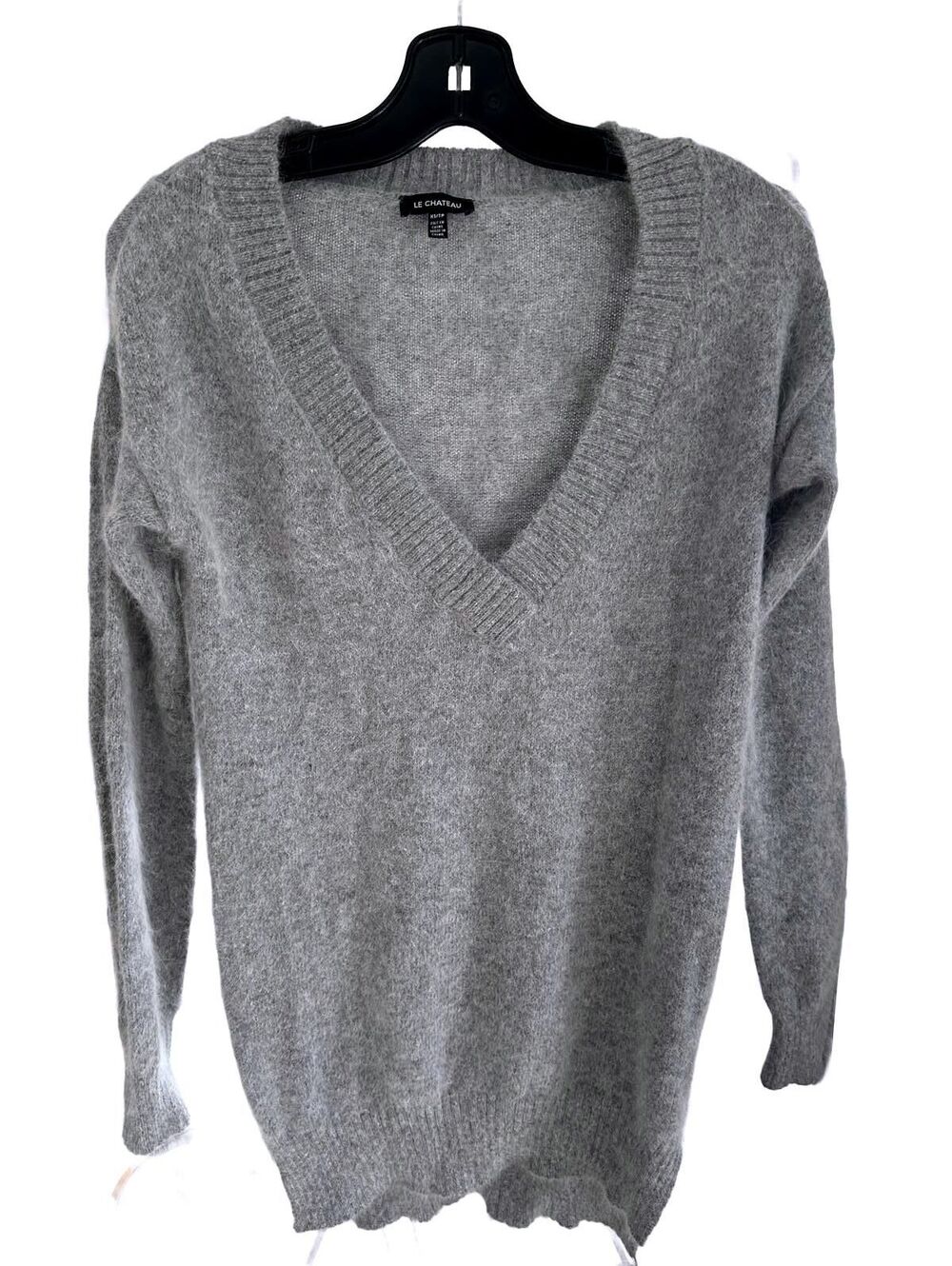 Le Chateau Women’s Oversize Grey Angora Blend V-Neck Fuzzy Sweater Y2K - XS